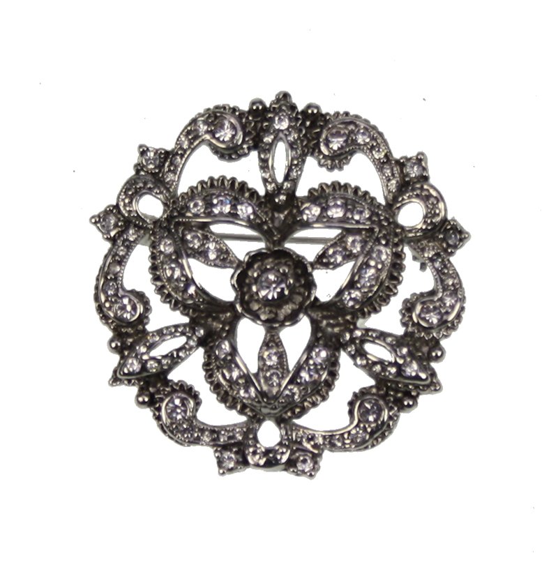 Broche rond bloemvorm met strass/antiek zilverkl. Ø4x1cm