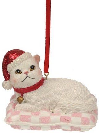 Kat wit op kussen kerstornament