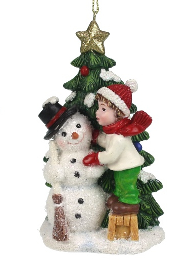 Kerst ornament jongetje met sneeuwpop