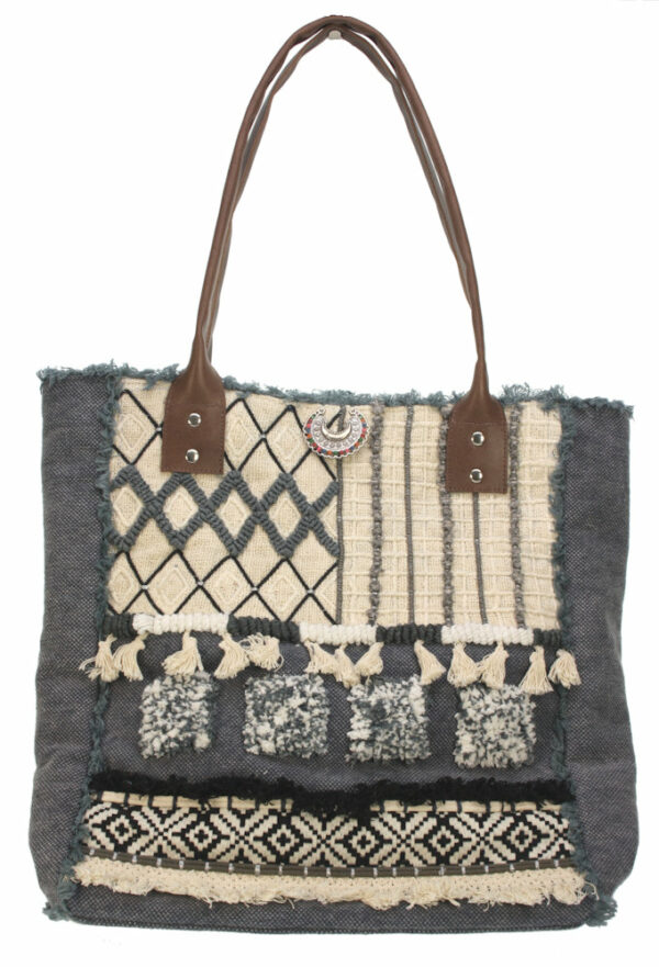 21AH017 Tas Ibiza Style Stonewash blue met leren hengsels 40 x 35 cm