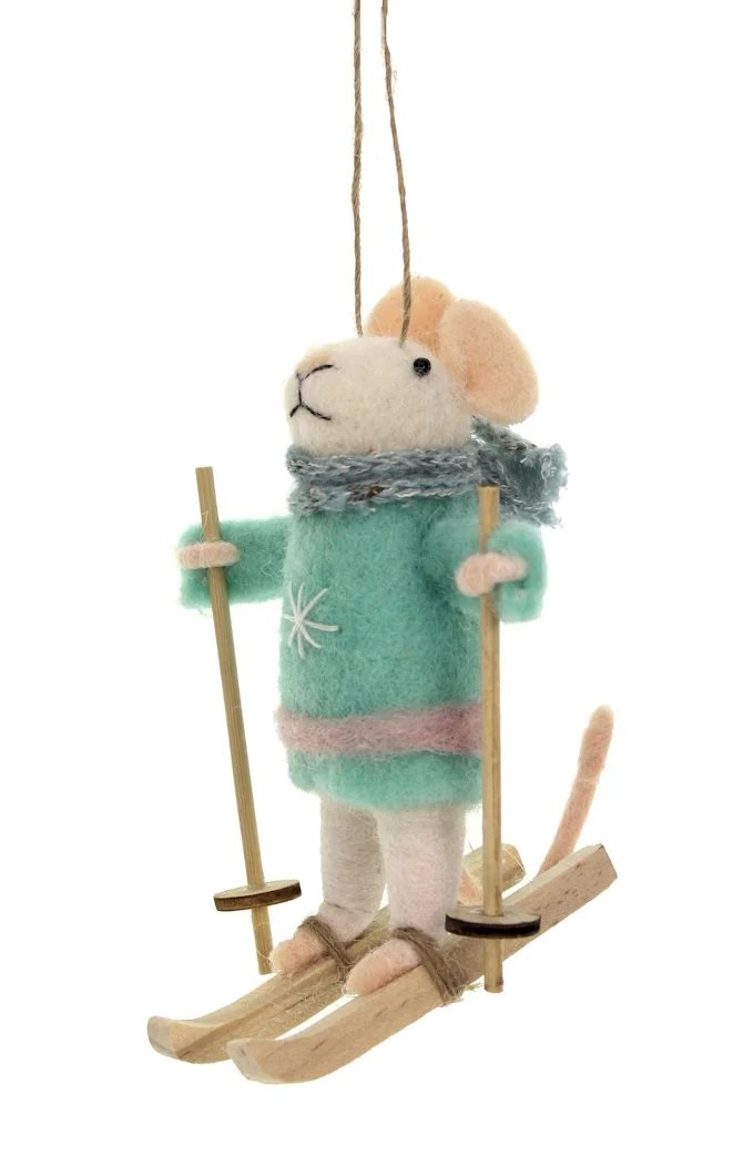 Muis vilt met ski's turquoise jas
