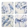 Onderzetters vogels blauw/wit set v. 4