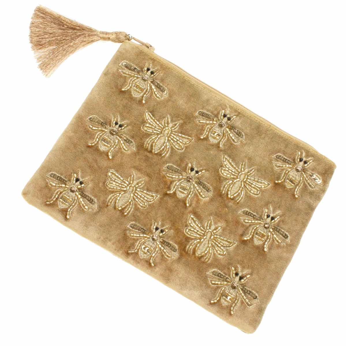 Etui fluweel goudkleurig met bijen geborduurd 15x20cm