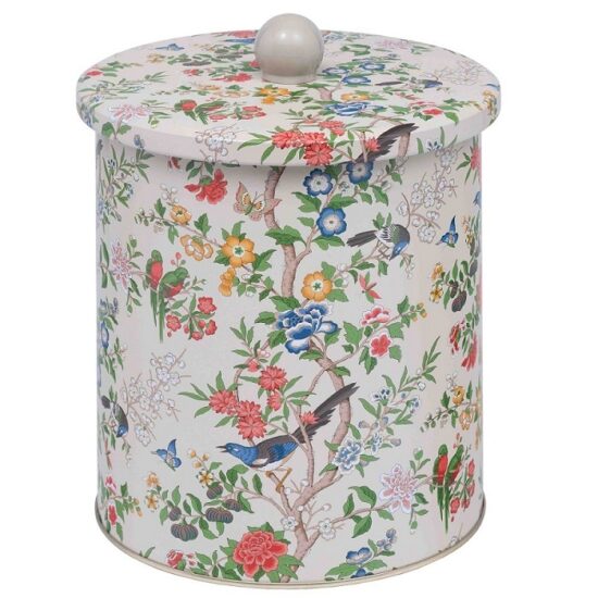 Koekblik Chinoiserie, metaal, rond, vogels