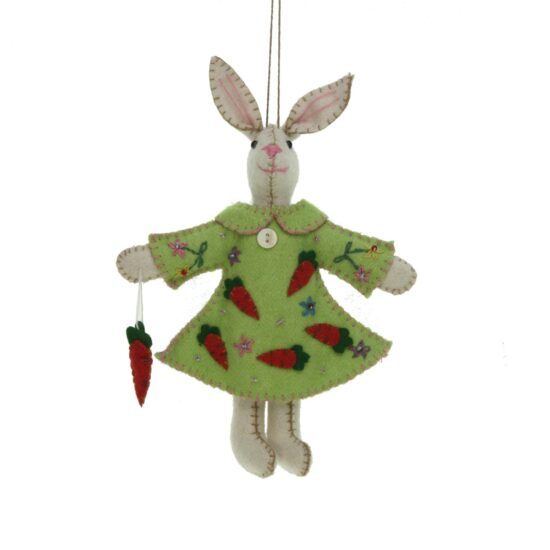 Haasje wit met jas groene jas met worteltjes