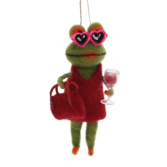 Kikker "loves wine" ornament van vilt